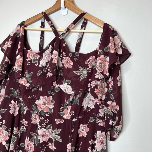 Torrid Womens Size 16 Burgundy Floral Cold Shoulder Ruffle Dress NEW Longsleeve - Picture 4 of 14